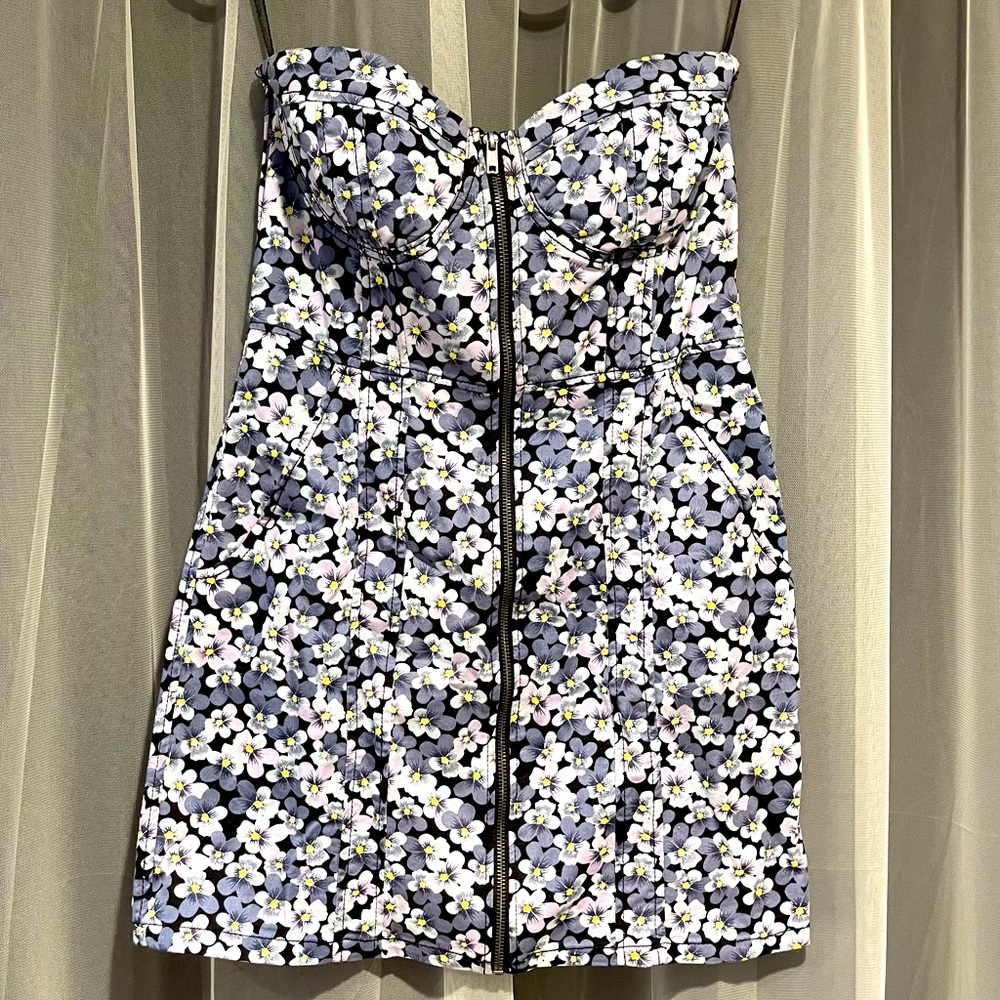 Corset denim mini dress with floral print. New w/ Tag.